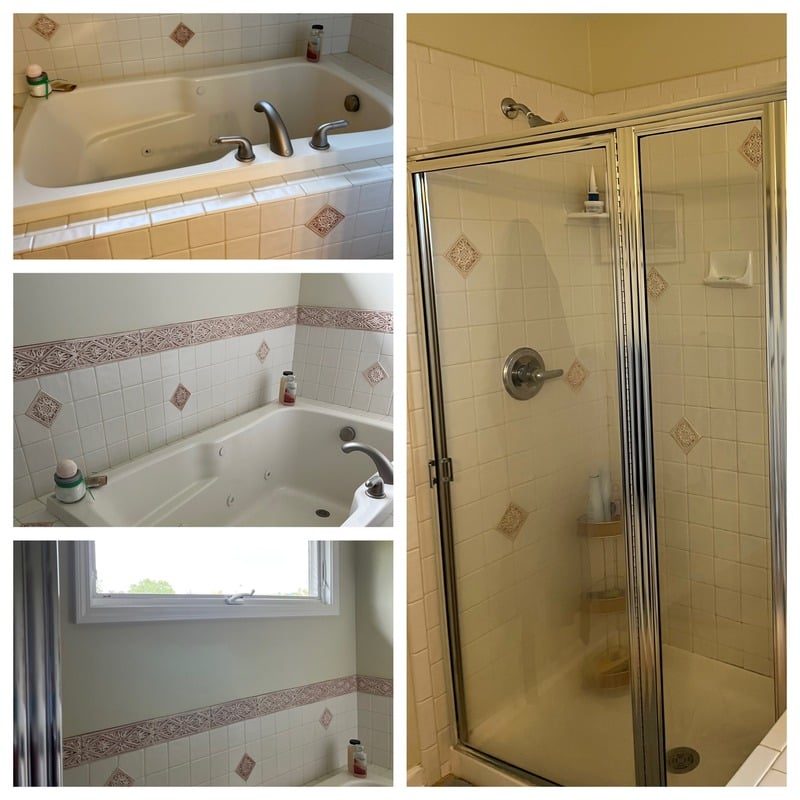 Bathroom before remodel, with dated tile and fixtures